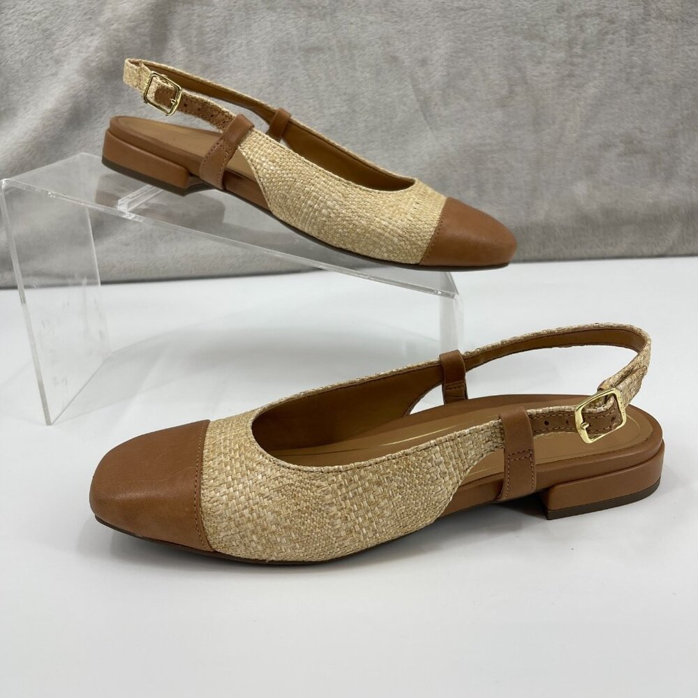 Vionic Petaluma Woven Raffia Tan Leather Slingback Flats Arch Support